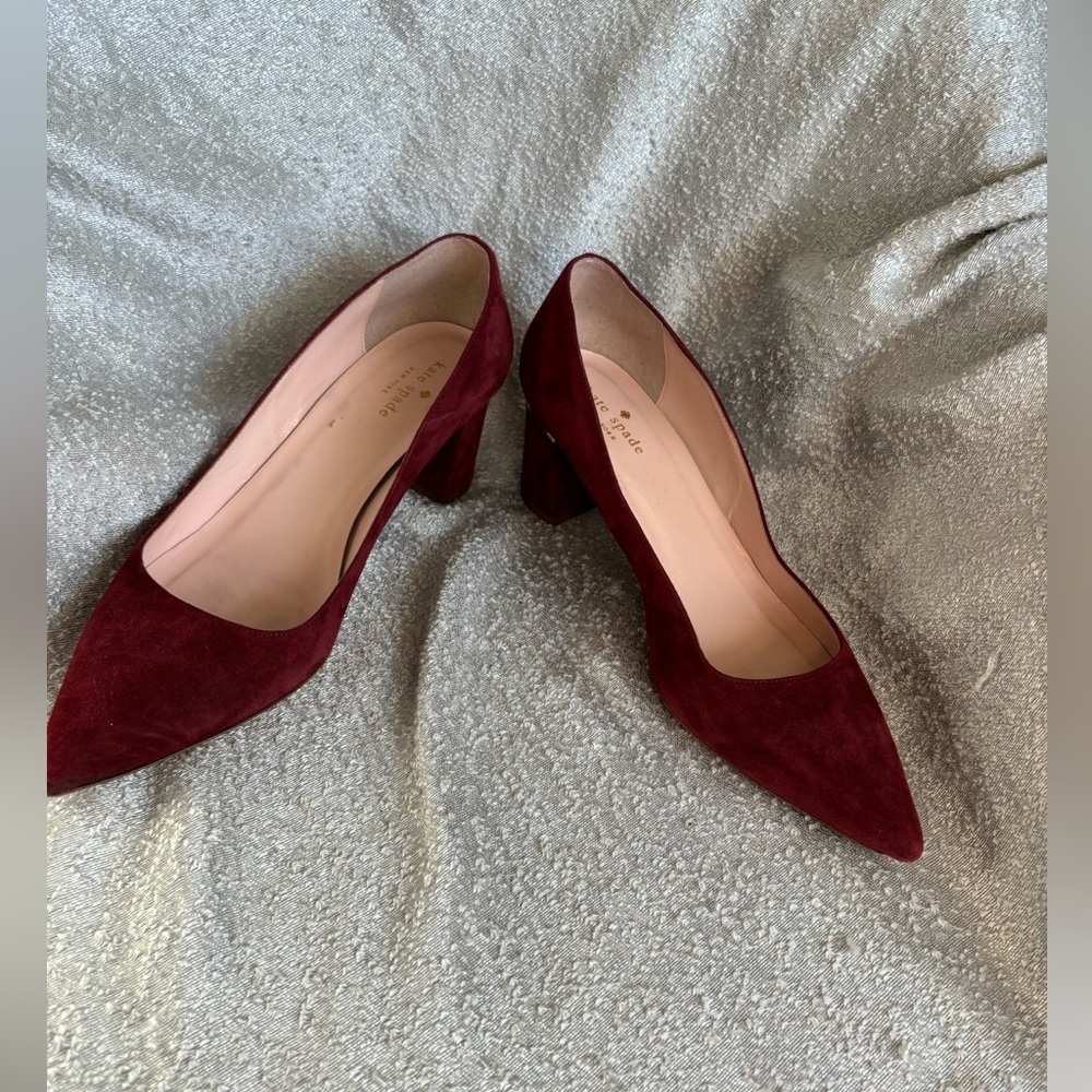 Pointed Toe Block Heel Pumps in Burgundy Suede - Picture 11 of 13